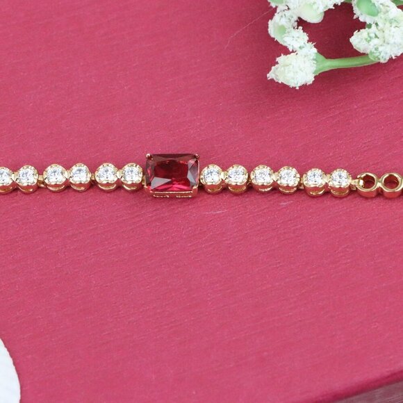 Rose Gold Bracelet with Ruby Red Center and Sparkling White Crystals, XPBL0705 - Picture 1 of 12